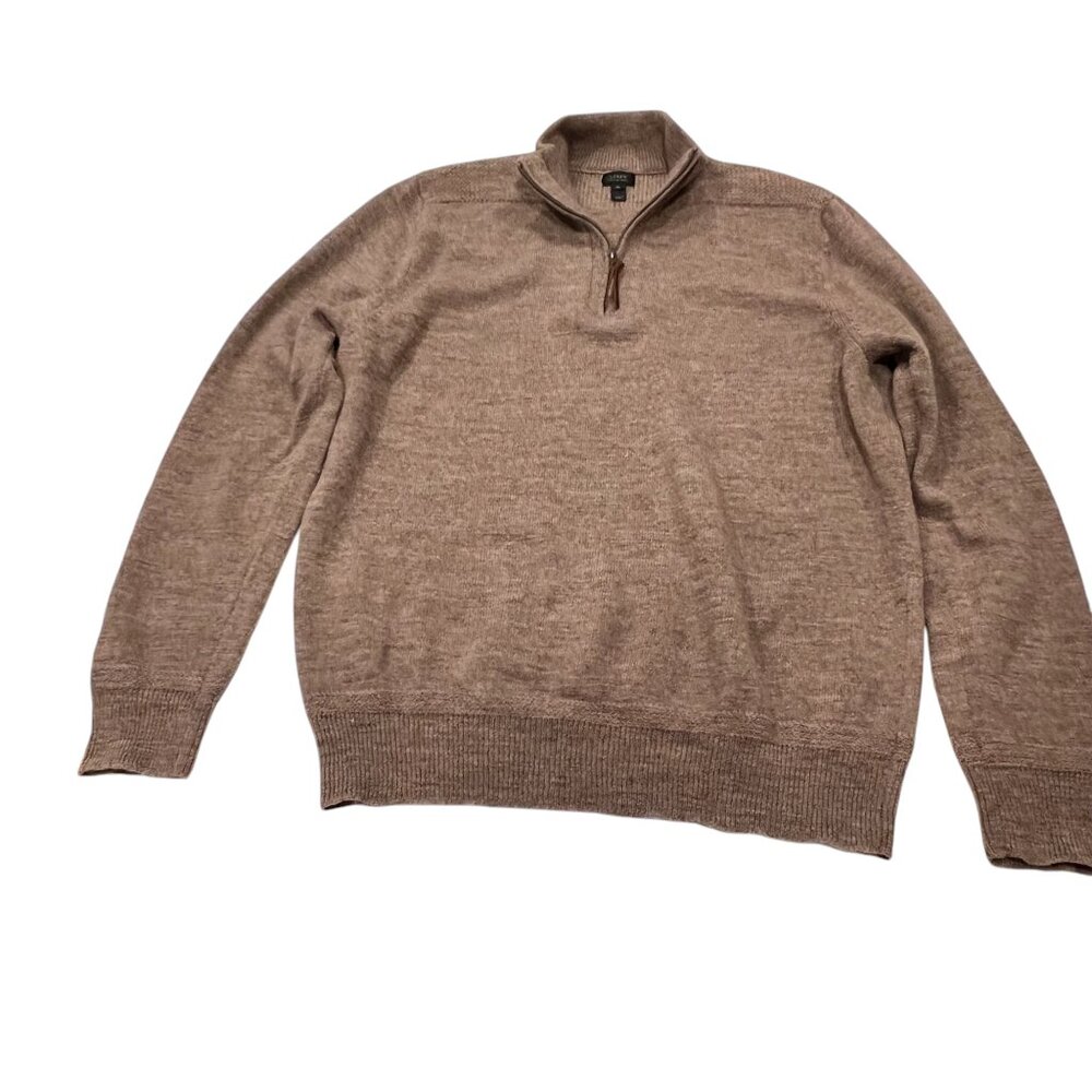 J Crew Wool 1/4 Zip Sweater, Leather Elbow Patches, Camel Brown, L